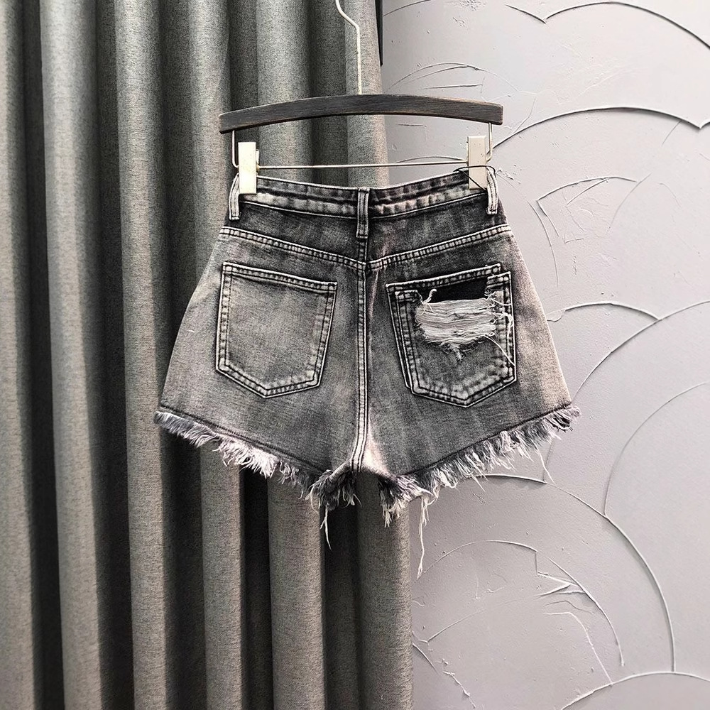 グレー パンツ ダメージ加工フリンジショートパンツ