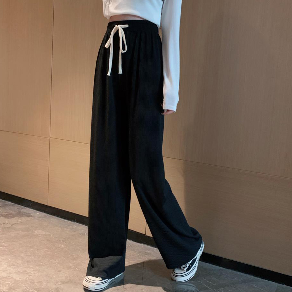 グレー パンツ ドロスト リブワイドパンツ グレー レディース