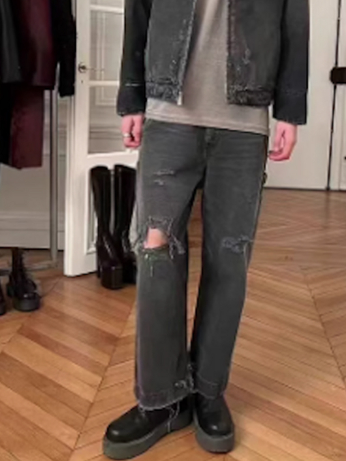 グレー パンツ グレー ダメージ加工 デニムパンツ 男女兼用 ワイド