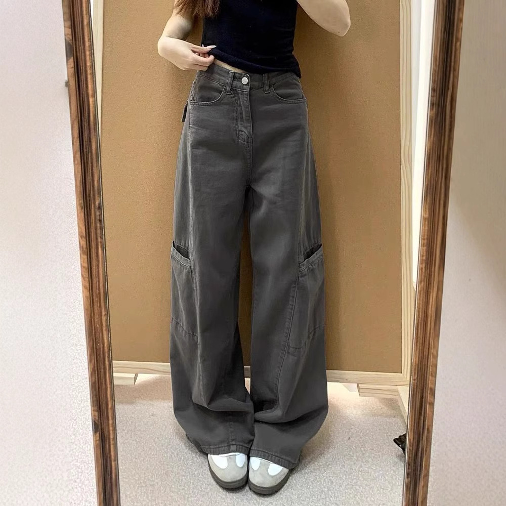 グレー パンツ ワイドシルエット 実用的ポケット付きパンツ