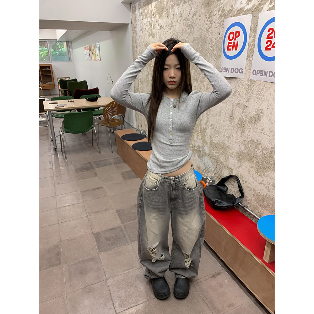 グレー パンツ ダメージ加工ゆったりデニム