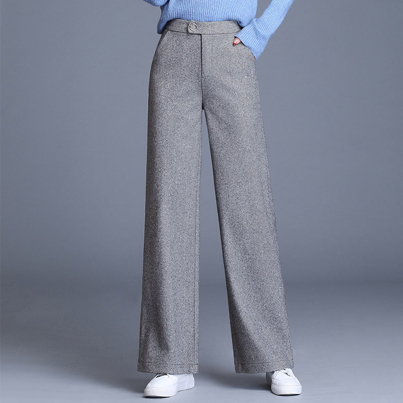 グレー パンツ 厚手ウール混紡ハイウエストワイドスラックス