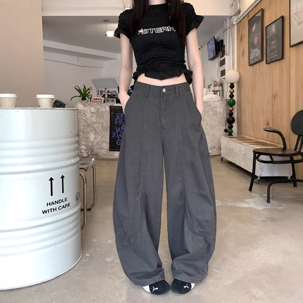 グレー パンツ ゆったりワーク風デザインパンツ