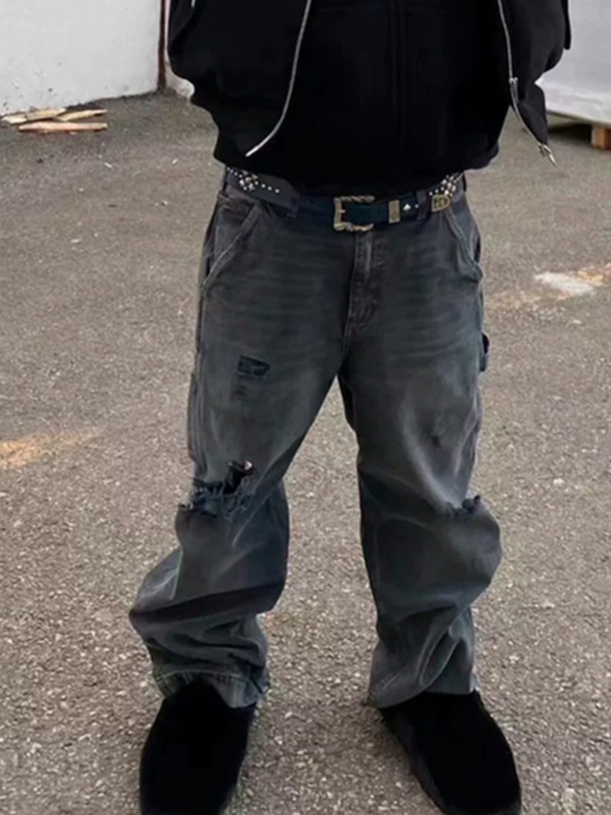 グレー パンツ グレー ダメージ加工 デニムパンツ 男女兼用 ワイド