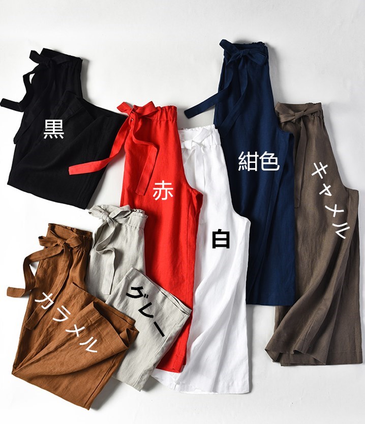 グレー パンツ 春夏リネン混ワイドパンツ ウエストリボン グレー