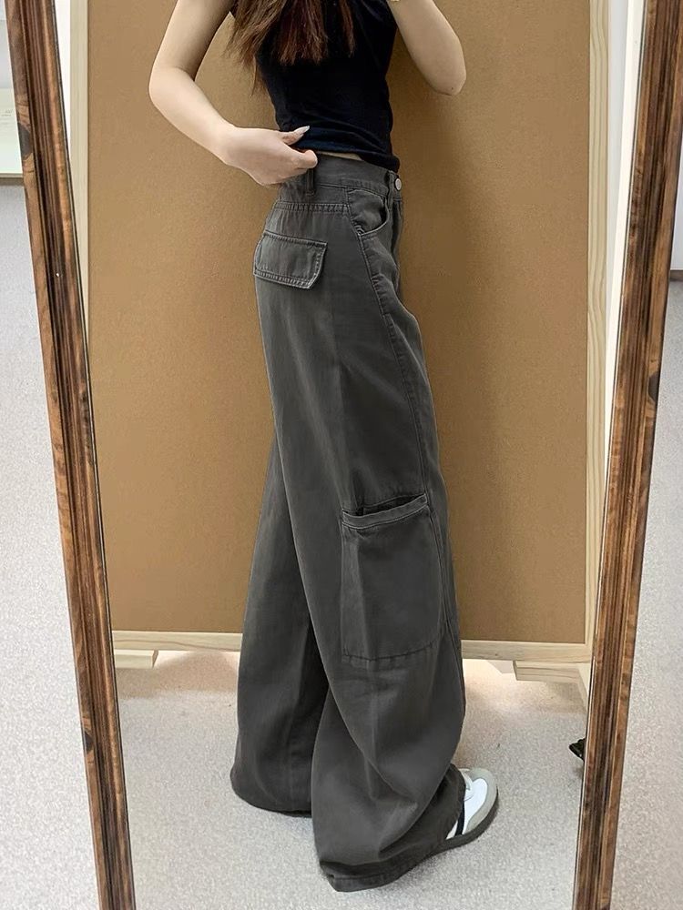 グレー パンツ ワイドシルエット 実用的ポケット付きパンツ