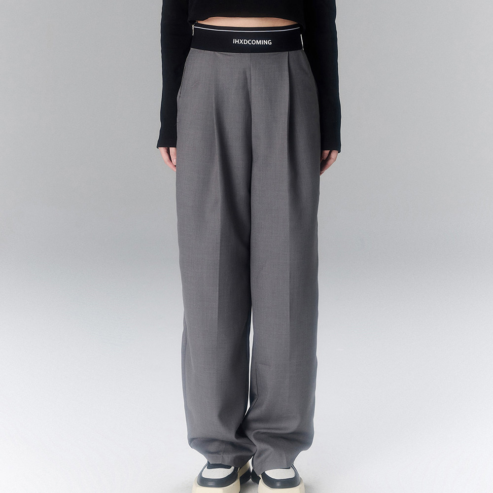 グレー パンツ ハイウエストワイドシルエットタックデザインスラックス