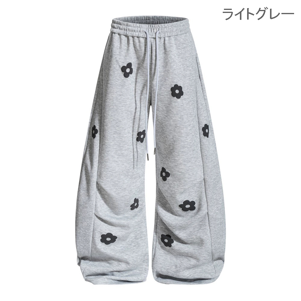 グレー パンツ 花柄グレー スウェット ワイドパンツ 男女兼用 秋冬新作