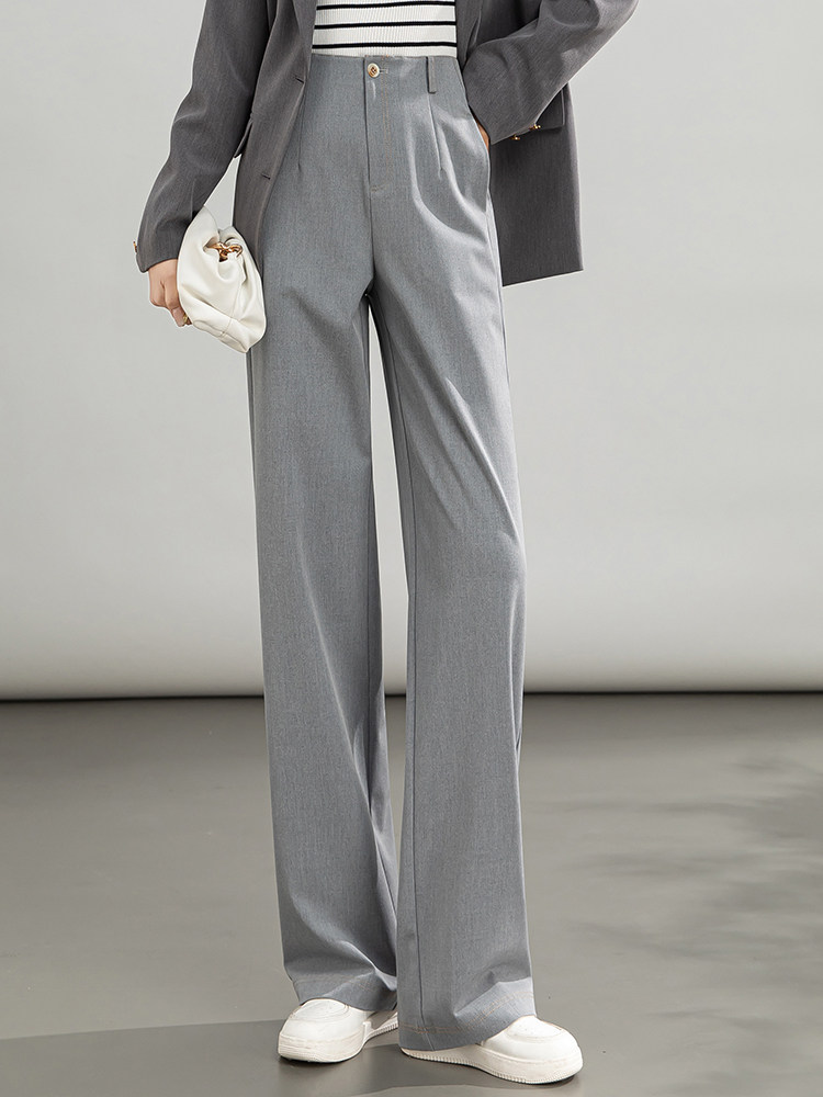 グレー パンツ センタープレス入りワイドシルエットスラックス