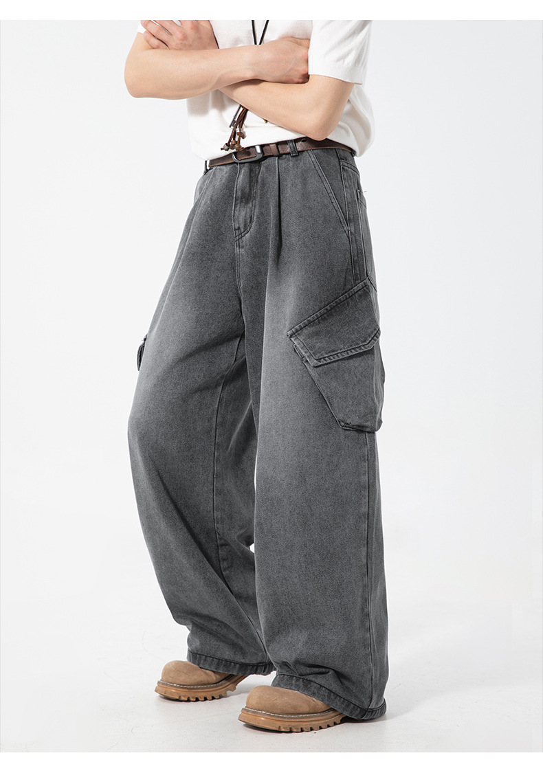 グレー パンツ 男性用 春夏 古着風 作業着デニム サイド立体ポケット付 全2色