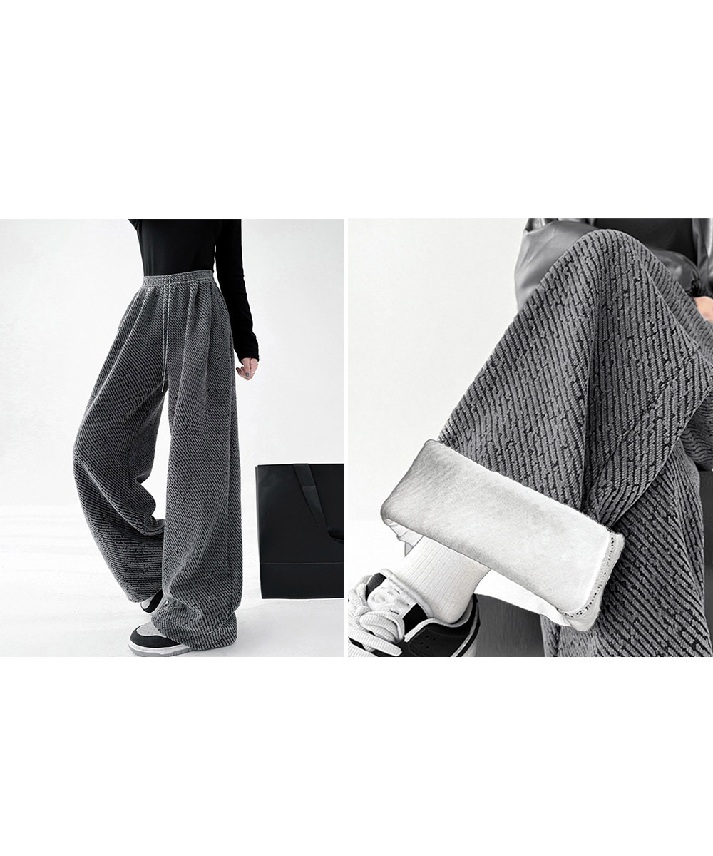 グレー パンツ 斜めストライプワイドパンツ グレー レディース裏起毛