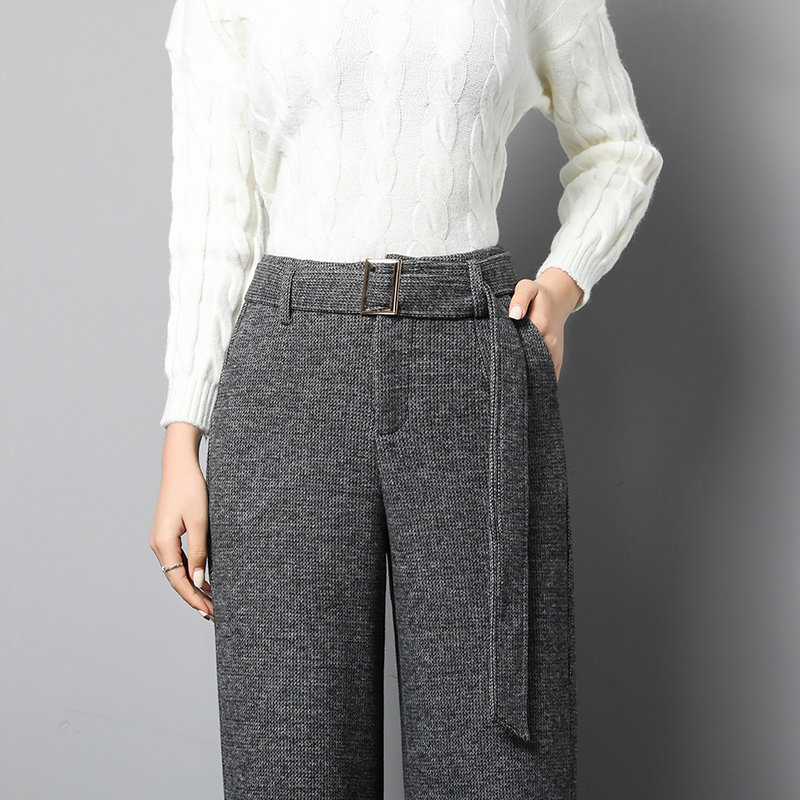 グレー パンツ ベルト付きワイドシルエットスラックス