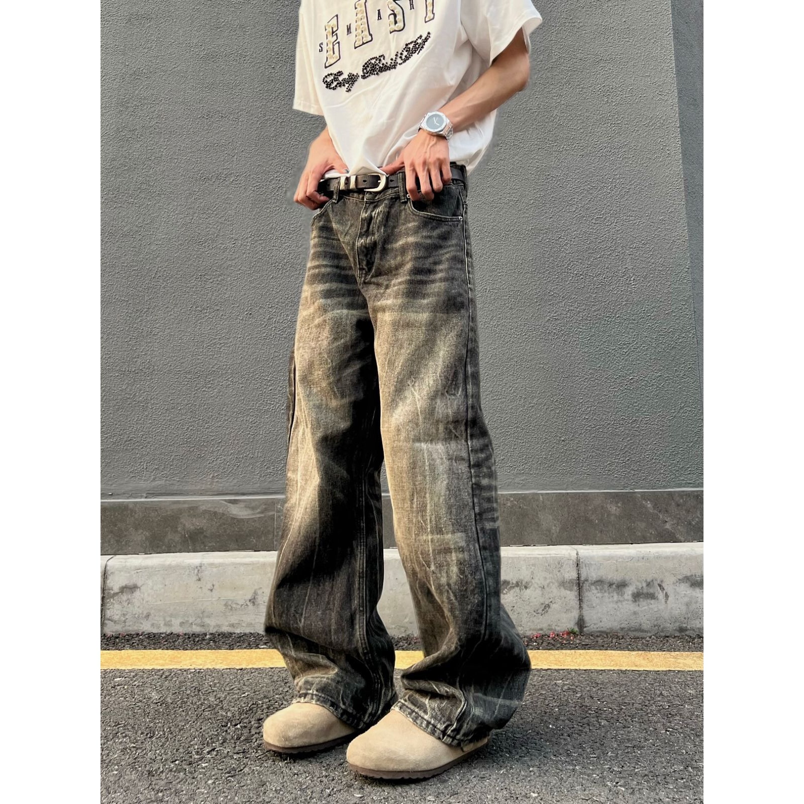 グレー パンツ ヴィンテージ風ワイドパンツ