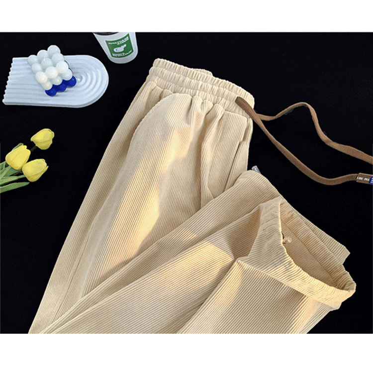 グレーパンツ コーデュロイ素材のゆったりシルエット紐付き ワイドパンツ