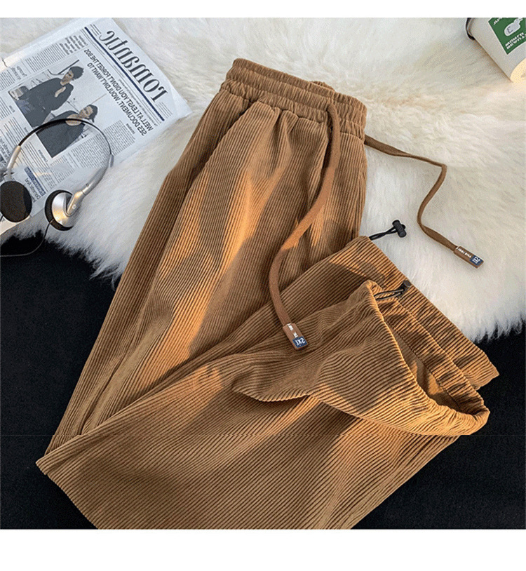 グレーパンツ コーデュロイ素材のゆったりシルエット紐付き ワイドパンツ