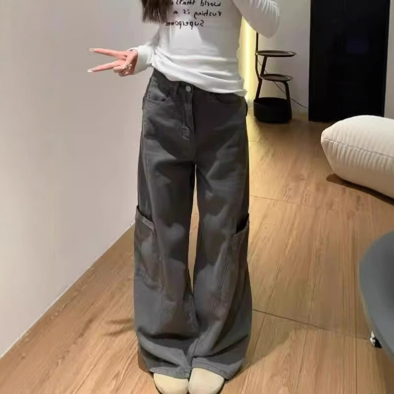 グレー パンツ ワイドシルエット実用ポケットパンツ