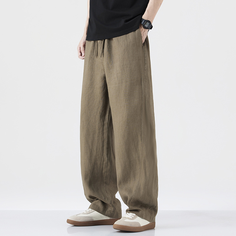 グレー パンツ 麻混紡素材のゆったり紐付きワイドパンツ