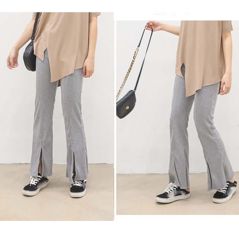 グレー パンツ グレー フレア リブパンツ スリット入り 美脚