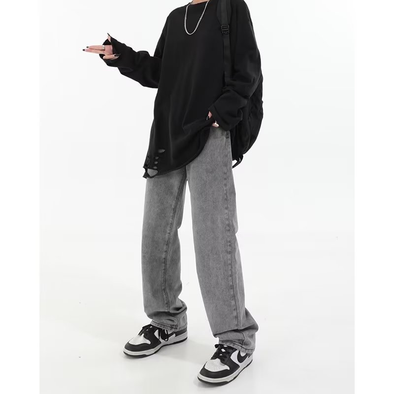 グレー パンツ ワイドシルエットストレートデニム
