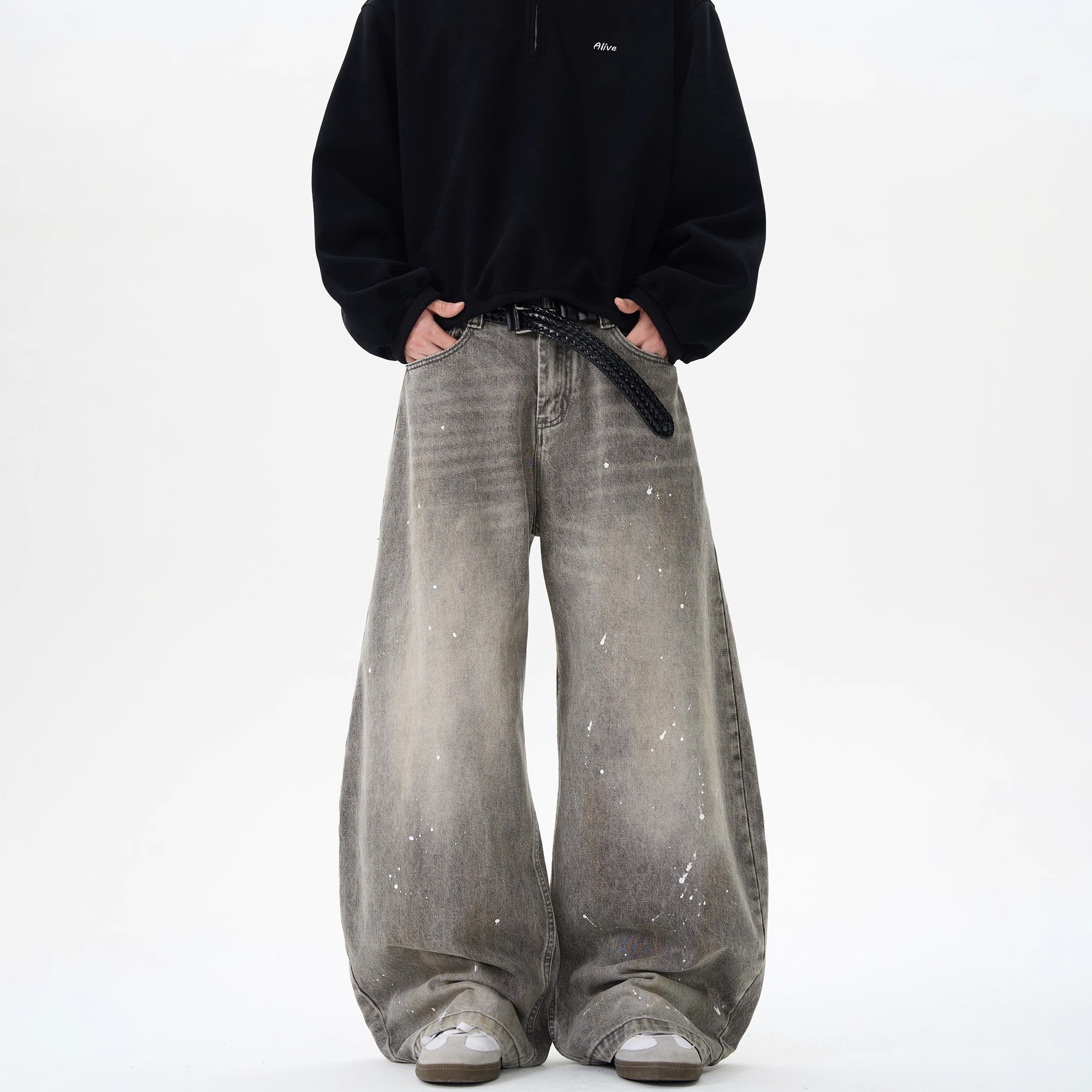 グレー パンツ ダメージ加工ワイドデニム