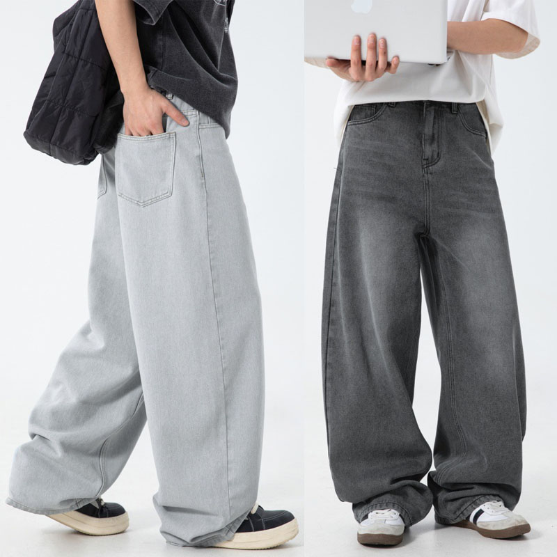 グレー パンツ 男性用 春夏新作 古着風洗い加工 グレー ワイドデニムパンツ 街系普段着