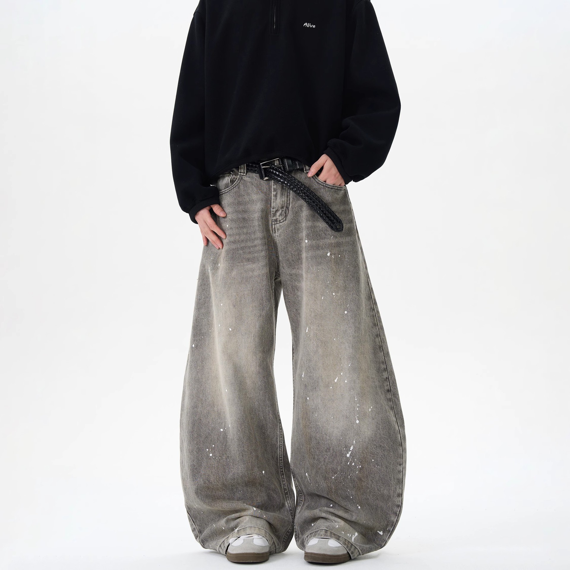 グレー パンツ ダメージ加工ワイドデニム