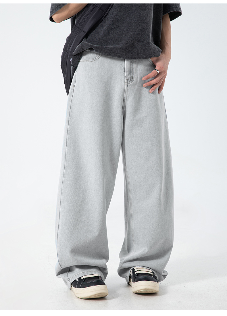 グレー パンツ 男性用 春夏新作 古着風洗い加工 グレー ワイドデニムパンツ 街系普段着