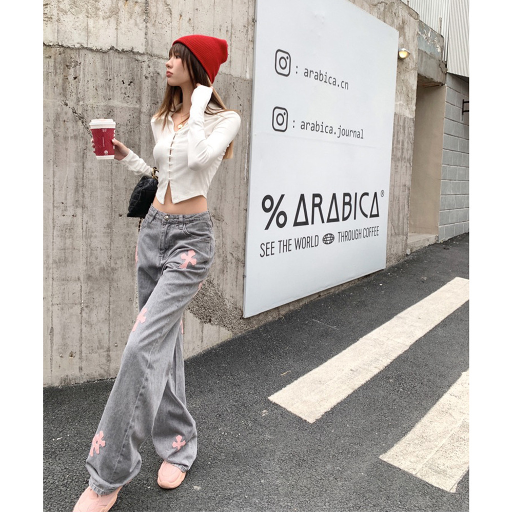 グレー パンツ 十字架モチーフストレートデニム
