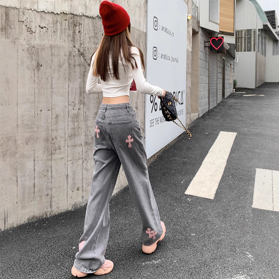 グレー パンツ 十字架モチーフストレートデニム