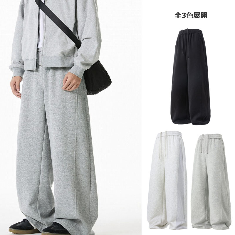 メンズ ゆったりワイドパンツ 重厚素材 垂れ感シルエット グレー パンツ