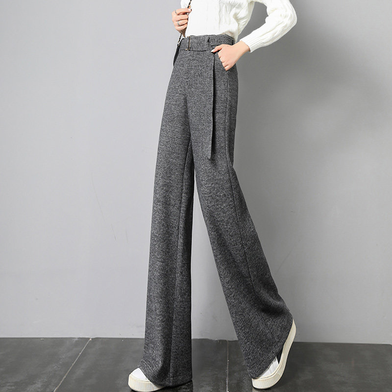 グレー パンツ ベルト付きワイドシルエットスラックス