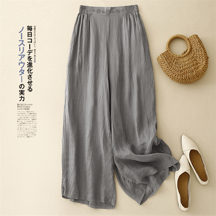 グレー パンツ 刺繍ボヘミアン風ワイドパンツ綿混素材