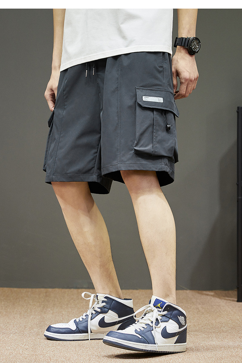 グレー パンツ 多機能ポケット付きハーフカーゴパンツ