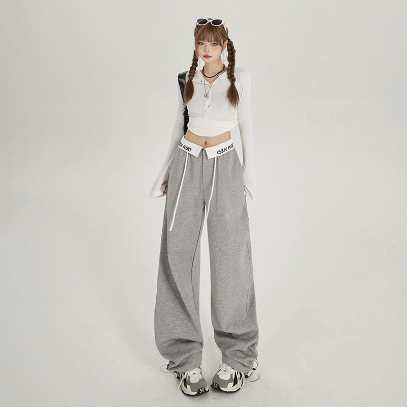 グレー パンツ ロゴウエスト紐付きワイドスウェットパンツ