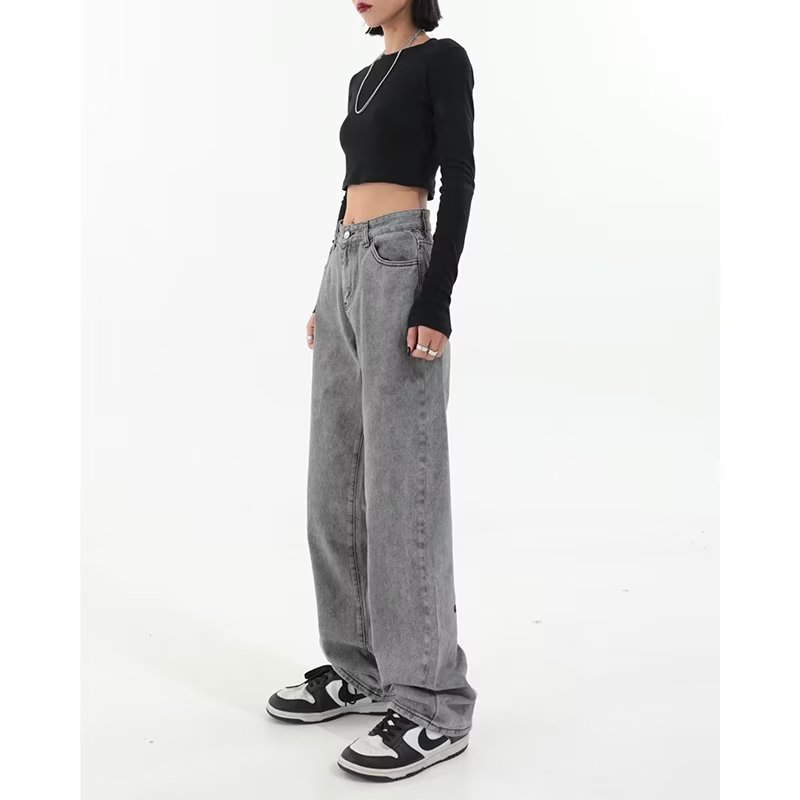 グレー パンツ ワイドシルエットストレートデニム