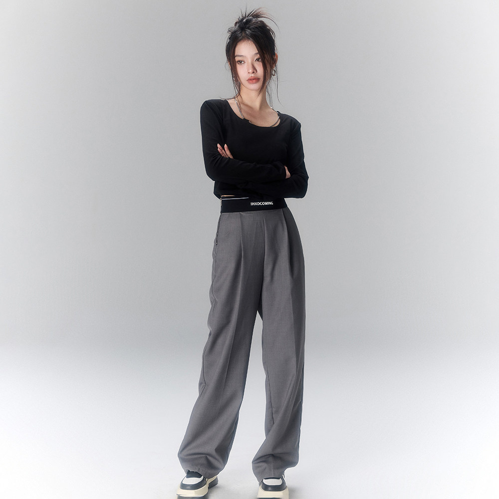 グレー パンツ ハイウエストワイドシルエットタックデザインスラックス