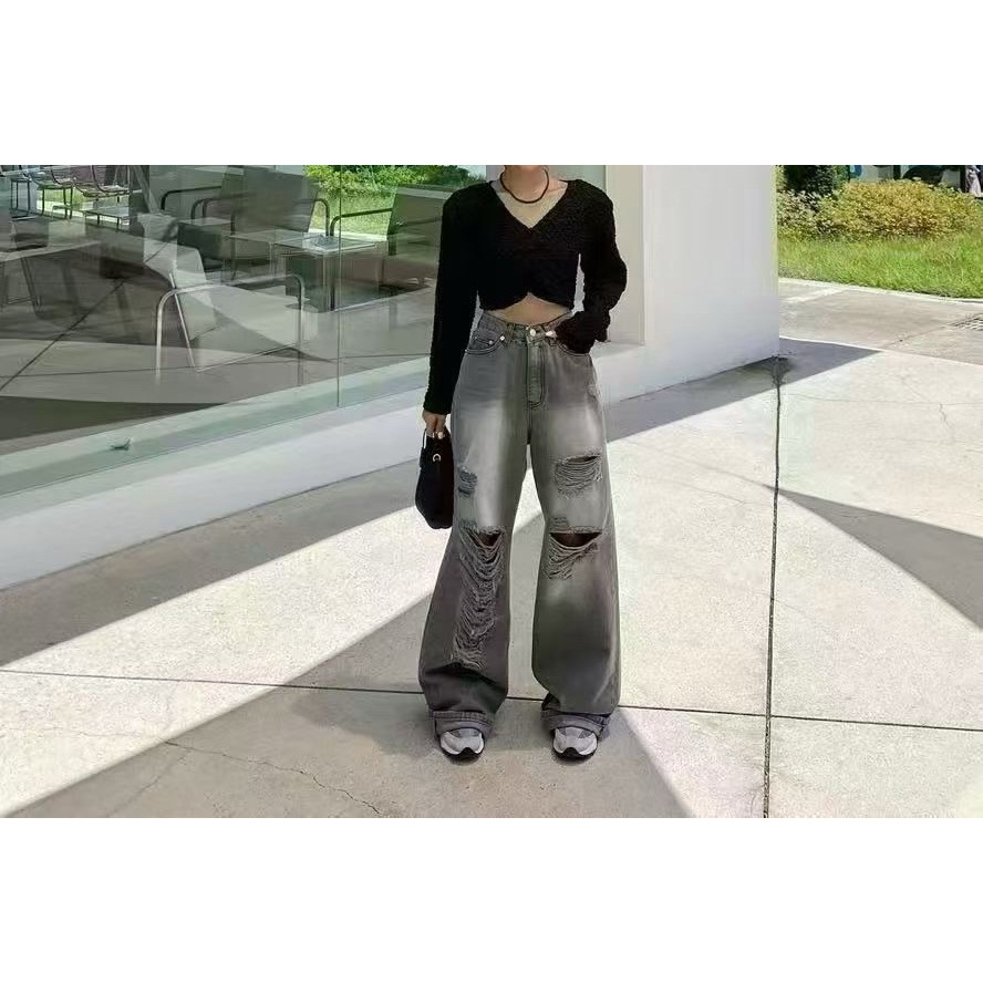 グレー パンツ ダメージ加工ワイドデニム