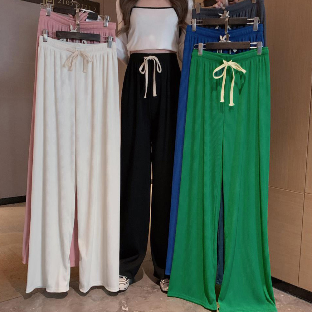 グレー パンツ ドロスト リブワイドパンツ グレー レディース