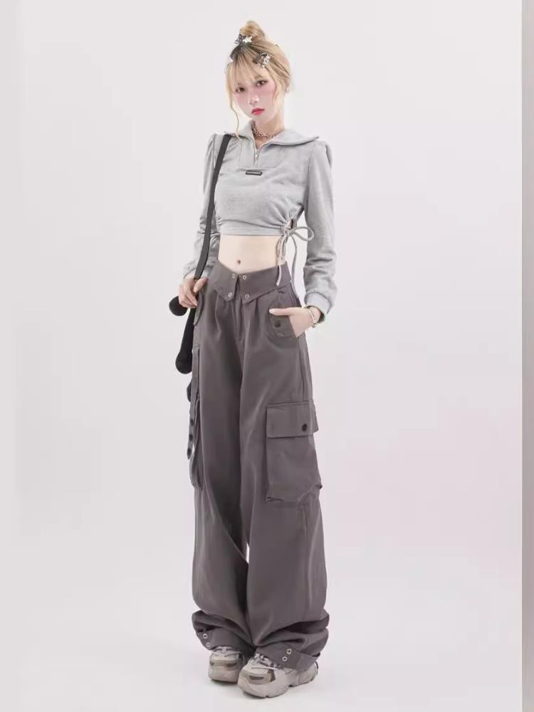 グレー パンツ ワイドシルエット 多機能ポケット付きパンツ