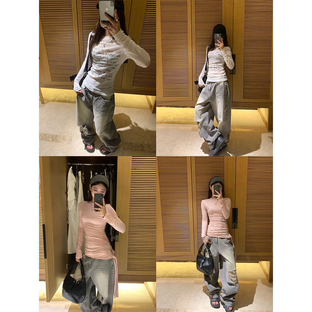 グレー パンツ ダメージ加工ゆったりデニム