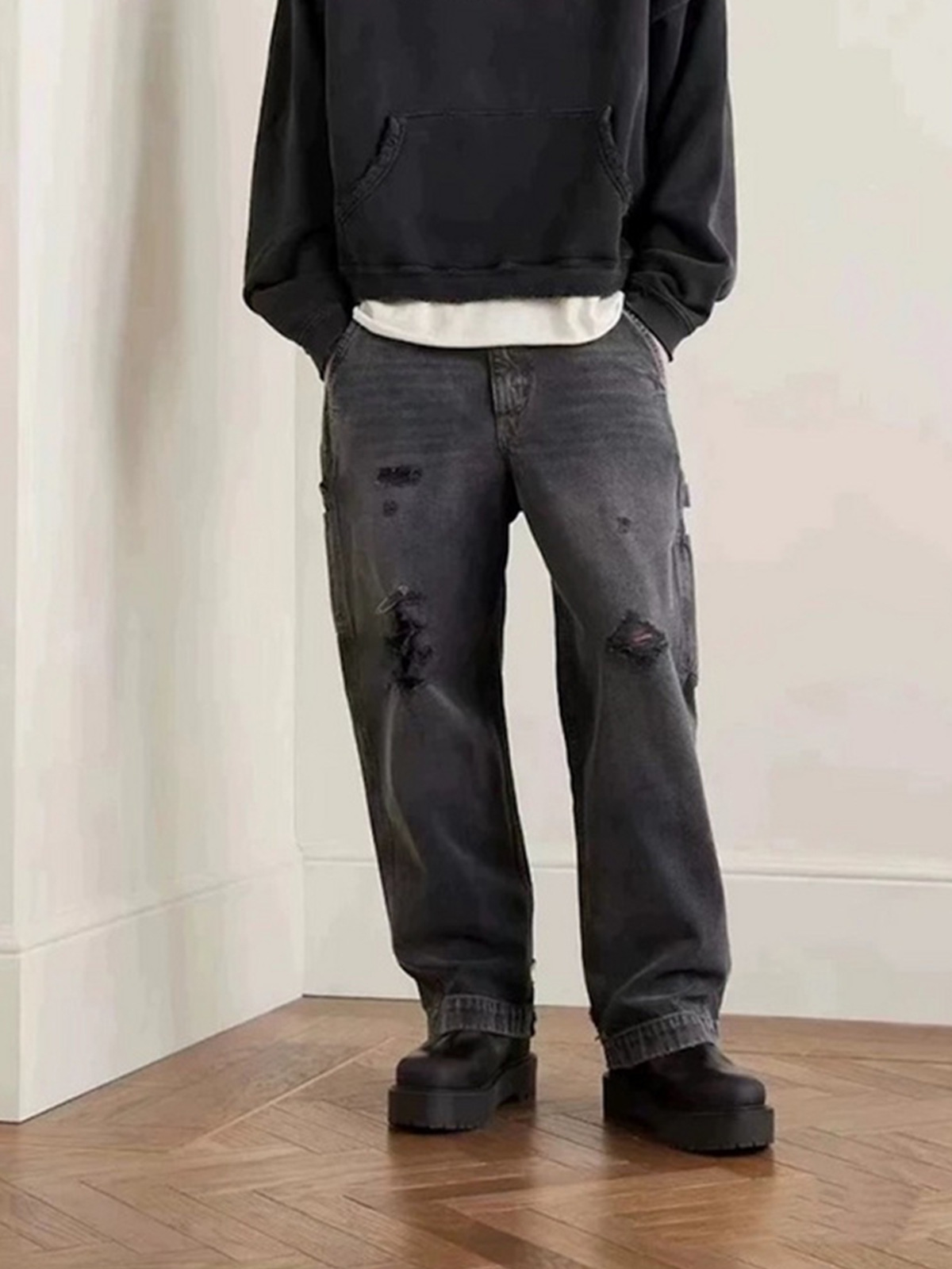 グレー パンツ グレー ダメージ加工 デニムパンツ 男女兼用 ワイド