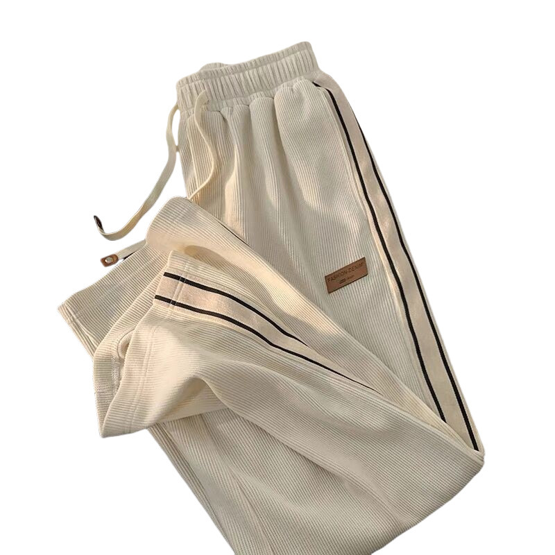 グレーパンツ サイドライン入りコーデュロイ風リブ編みゆったり楽ちんボトムス　ワイドパンツ