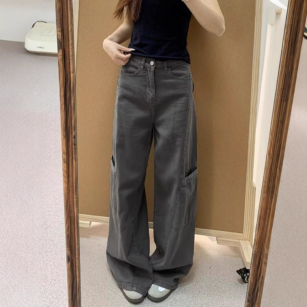グレー パンツ ワイドシルエット 実用的ポケット付きパンツ