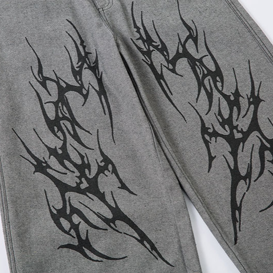 グレー パンツ グレー ワイドパンツ 刺繍柄 男女兼用 ストリート系 春秋 新作