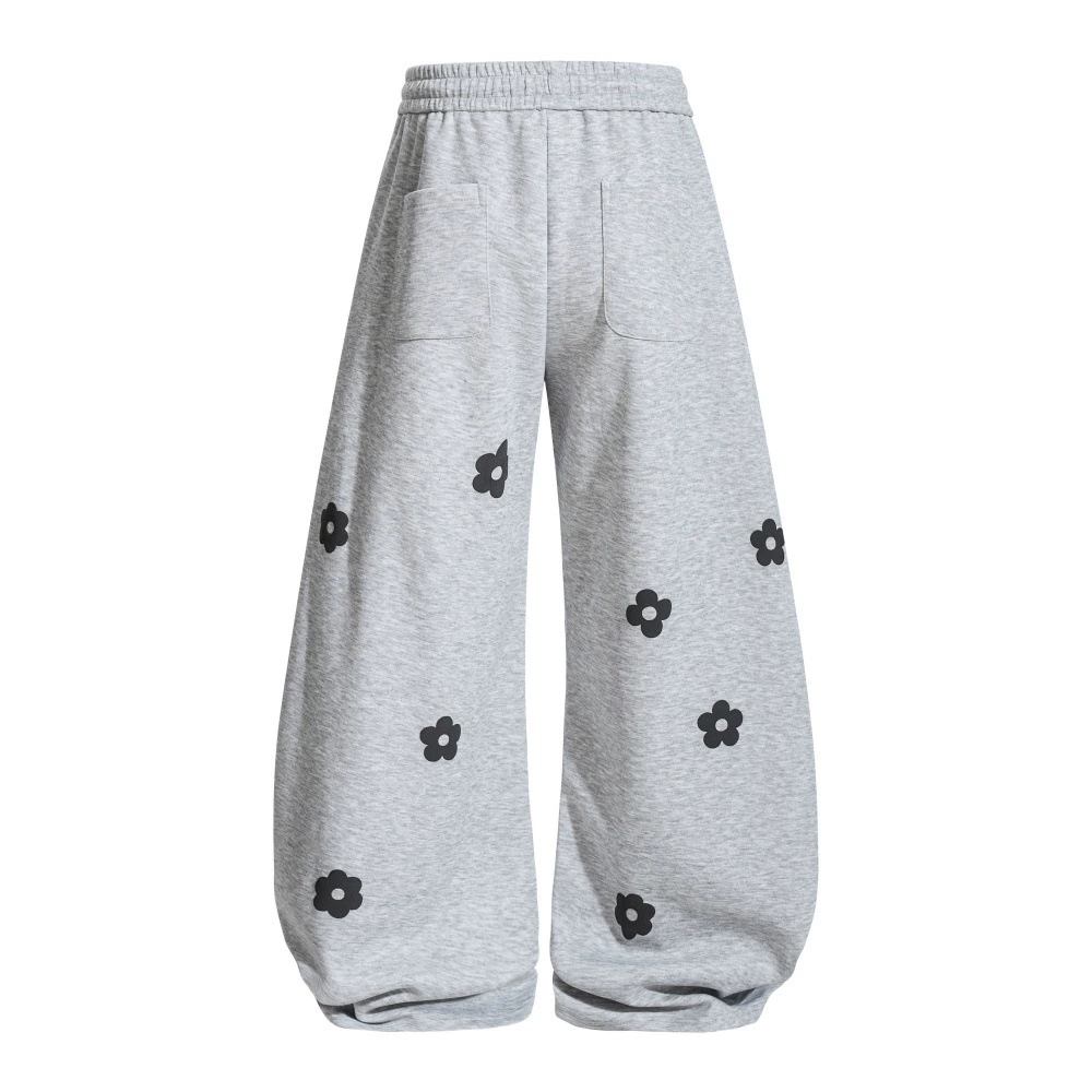グレー パンツ 花柄グレー スウェット ワイドパンツ 男女兼用 秋冬新作