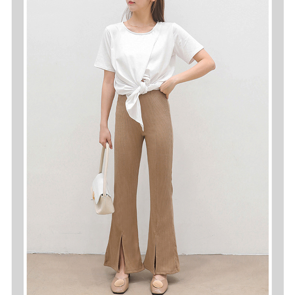 グレー パンツ グレー フレア リブパンツ スリット入り 美脚