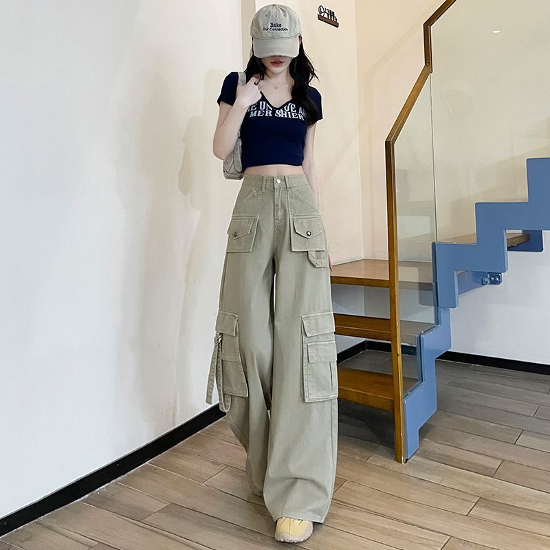 グレー パンツ ワイドシルエット多機能ポケットパンツ