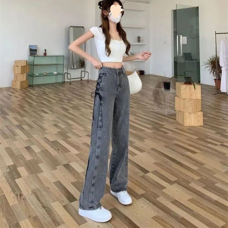 グレー パンツ 編み上げワイドデニムパンツ