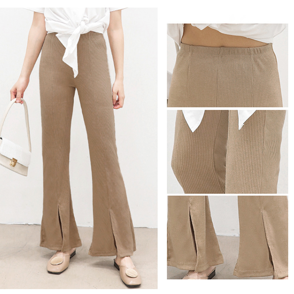 グレー パンツ グレー フレア リブパンツ スリット入り 美脚