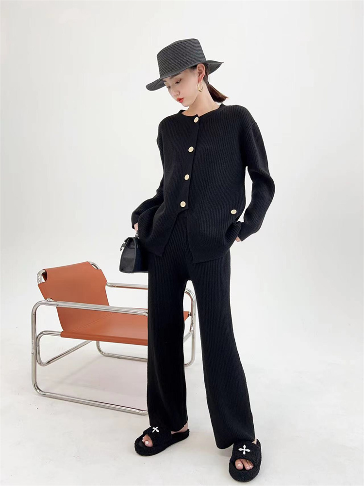 グレー パンツ グレー ニット カーディガン セット ワイド パンツ 柔らか